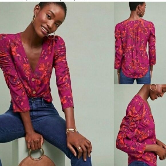 (BOGO FREE) Maeve by Anthropologie Button Down Floral Blouse Ruched Sleeve XXS - Picture 1 of 5